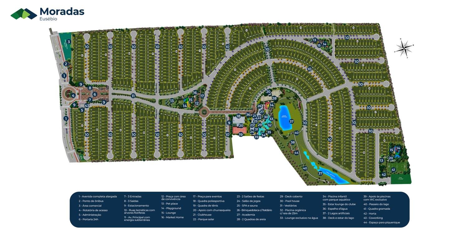 Planta geral (masterplan) do Moradas Eusébio com a localização das 44 estruturas